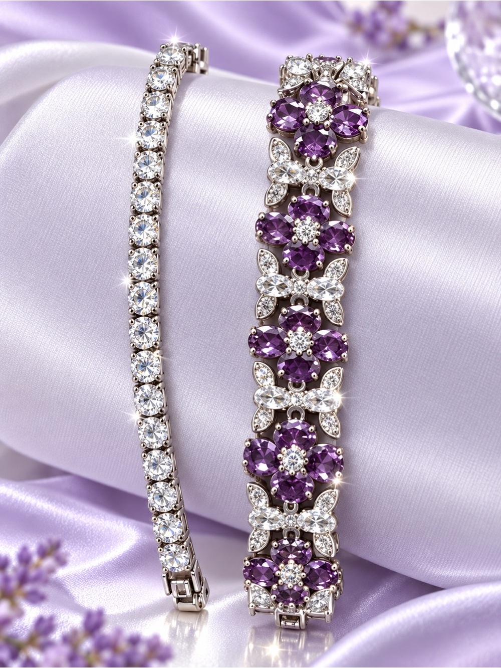 Amethyst Floral Silver Tone Bracelet - Purple Sparkle Hypoallergenic